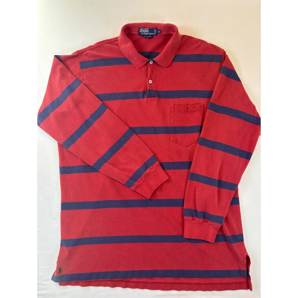 Polo Ralph Lauren The Big Shirt XL Red Navy Blue Striped Long Sleeve Polo Mens